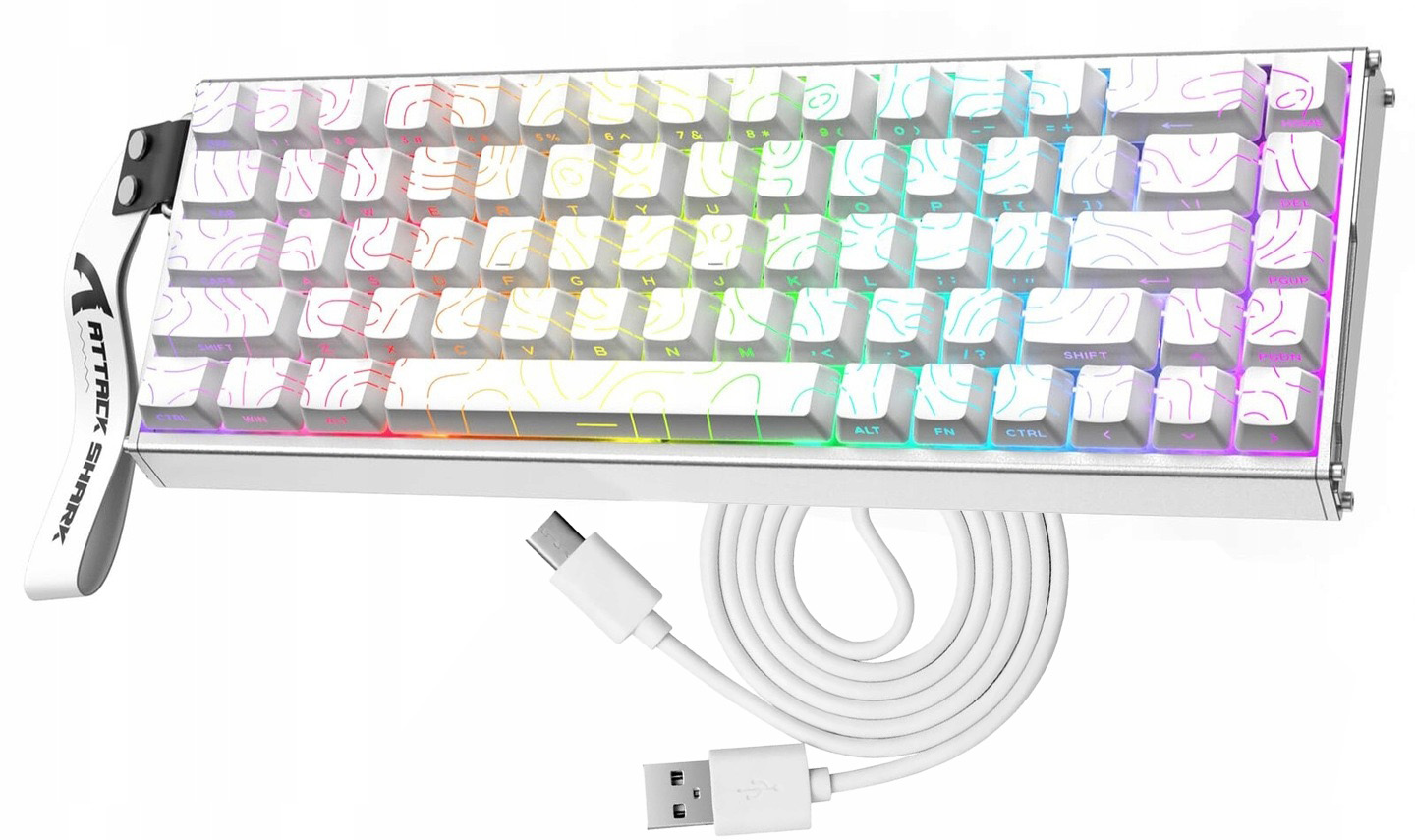 Zawartość zestawu z klawiaturą Attack Shark X68 HE, kablem USB-C i akcesoriami.
